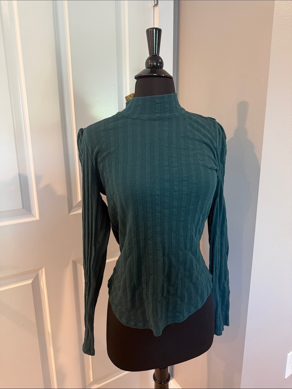 Free People Teal Ribbed Mock Neck Long Sleeve Top